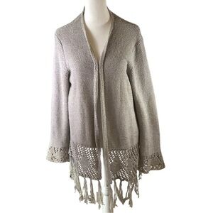 Knox Rose Cardigan Women M Grey Open Front Fringe Hem Detail at Cuff and Bottom
